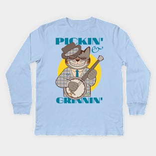 Pickin' and Grinnin' Banjo Cat Kids Long Sleeve T-Shirt